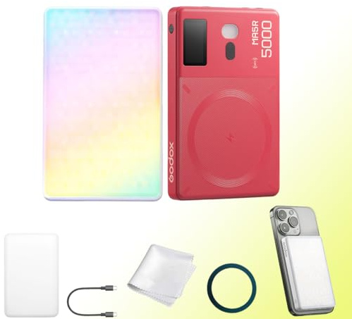 Godox MA5R 2-i-1 RGB LED-videolampa med magnetisk laddning, CCT 1800K-1 0 000K, 14 ljuseffekter, fullfärgad selfiepåfyllning, kompatibel med NFC-kontroll via app (röd)