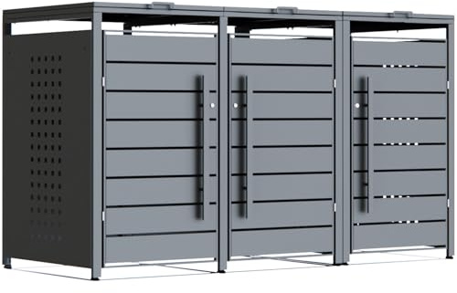 CHOSHOME Triple Wheelie Bin Storage, 240L Outdoor Garden Bin Hideaway in Weather-Resistant Powder-Coated Steel Anthracite Grey, Features Assisted Lifting Lid & Lock, 80D x 200W x 116H cm