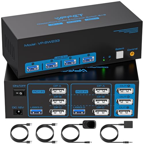 CMSTEDCD 8K60Hz Displayport KVM Switch 2 PC 3 Monitore 4K@120Hz Conmutador KVM para 2 Ordenadores, Comparte 3 Monitor y 4 Dispositivos USB con 2 Cables USB 3.0 y Control de Escritorio