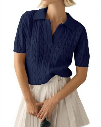 LACOZY Womens Summer Short Sleeve Tops V Neck Ribbed Knit Polo Sweater Shirts Casual Lightweight Pullover Shirt 2026
