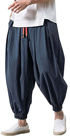 Grüne Leinen Haremshose Herren Japanisch Baggy Weites Bein Freizeithose Lässig Bequeme Leinenhose Casual Yoga Hippies Hose Lockere Leicht Pluderhose Elastischer Bund Sommerhose Pants mit Taschen S M