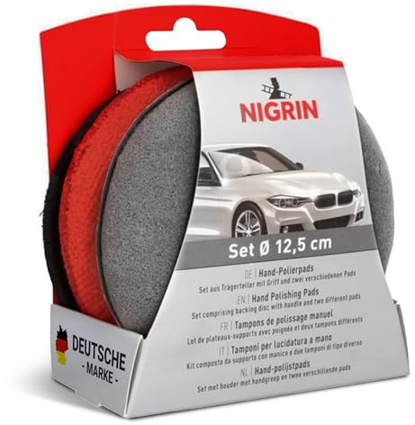 NIGRIN Handpolerdynor för jämn applicering av polering och vaxning, med bärplatta och 2 poleringsdynor mikrofiber & slät, 12,5 cm diameter, 3-delat set