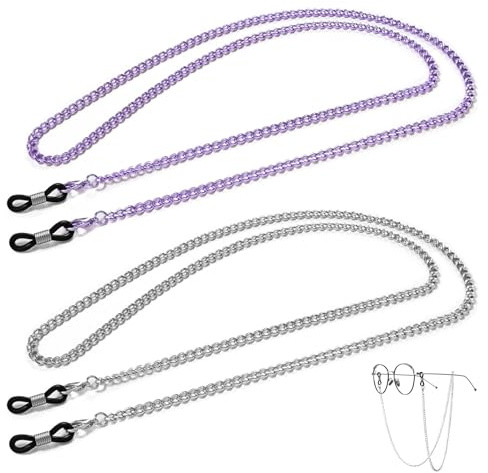 Culinavog Chaine Lunettes Femme, 2 Pieces Élégant Chaine Lunettes de Soleil pour Femmes, Cou Cordon Bandeau Lanière, Élégant Accessoire Mignonnes Colorées pour Hommes, Enfants (Argent, Violette)