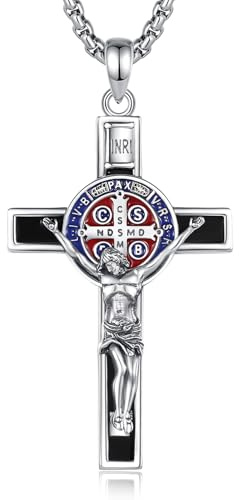 AEONSLOVE Collar Cruz Plata de Ley 925 para Hombre Mujer Crucifijo Colgante Cruz de San Benito con Obsidiana Joyas Cristiana Católico Regalo Religioso