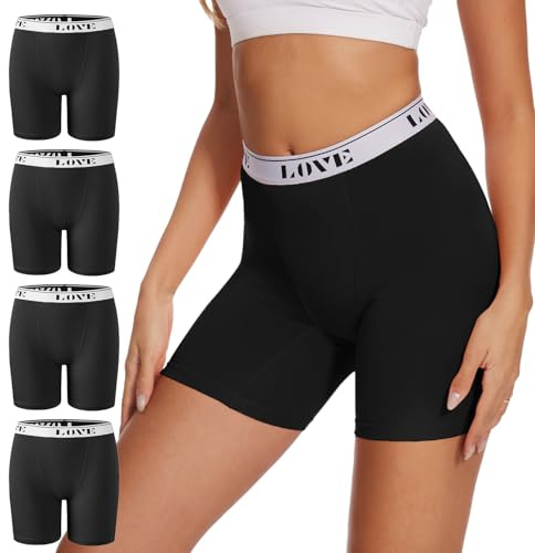 POKARLA Womens Boxer Briefs Underwear High Waisted Soft Modal Boy Shorts Panties Ladies Stretchy Anti Chafing Undershorts Black Medium Pack of 4