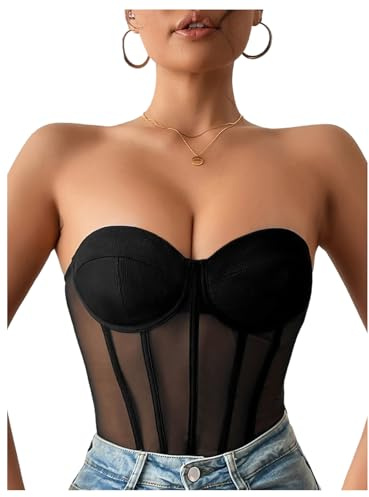 OYOANGLE Women's Mesh Strapless Corset Bodysuit Sleeveless Slim Fitted Tube Top Bodysuits Party Clubwear Black Medium