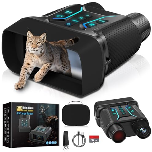 Binoculares Visión Nocturna 4K 36 MP, Zoom Digital 8X y Tarjeta de 32 GB para Fotos y Videos, Pantalla HD de 4,5, Visor Nocturno Infrarroja de 7 Niveles, Alcance de 400 m para Cámping (Negro)