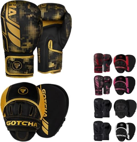 GotchaKart Boxing Gloves and Pads Set – Adults Men Women Kickboxing MMA Muay Thai Punching Gloves with Curved Focus Pads | Training Sparring Martial Arts Fitness (Black Golden, 12oz)