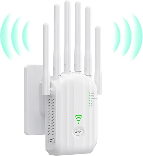 Ripetitore WiFi Potente per Casa, amplificatore di ultima tecnologia con 6 antenne che copre un'area di 10.000 m², 2 porte LAN, ripetitore WiFi per casa e ufficio (bianco)