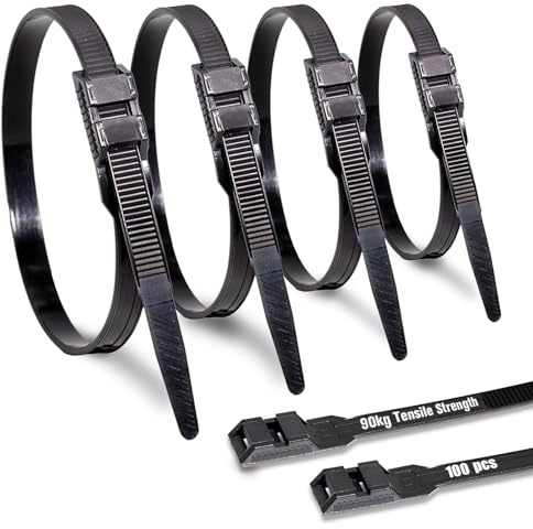 Mgctolbox 9mm x 360mm Doppia Serratura Fascette Plastica Nere Lunghe 100 Pezzi Fascette Elettricista Resistenza Alla Trazione 90 Kg per Uso Interno ed Esterno, Cable Management, Giardinaggio
