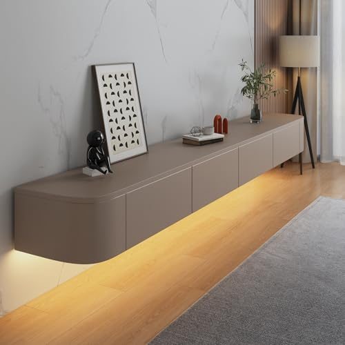 HYANXUE Soporte de TV Flotante, Estantes de TV Montados en la Pared con Puerta, Consola de Medios para TV, Gabinete de TV Flotante con Gran Almacenamiento, Banco para TV Debajo de la TV (Caqui+LED