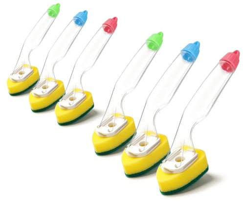 com-four® Set de 6 cepillos con depósito de detergente, Cepillo de Cocina con Cabeza de Espuma para Platos, ollas y sartenes, Tanque de 120 ml [selección Variable] (6 Piezas - Colores Surtidos)