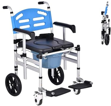 Foldable Shower Wheelchair with Wheels, 3-in-1 Aluminium Commode Toilet Chair with Removable Bucket, Portable Bathroom Shower Seat for Elderly and Disabled
