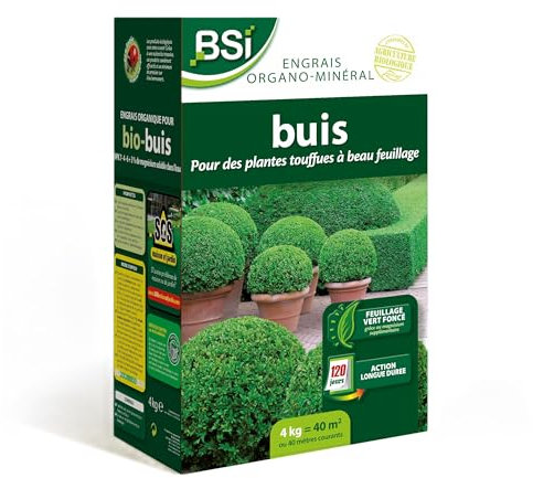 BSI - Engrais - Buis - Bio - Organo-Minéral - Pour Des buis Touffus Au Feuillage Etincelant Et Vert Fonçé - Action Longue Durée - 4Kg - Jusqu'à 40 m² - UAB