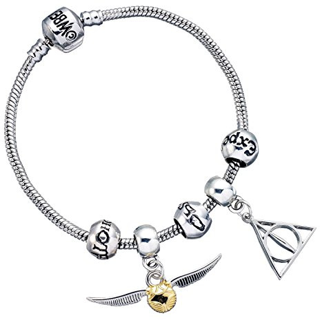 Carat Harry Potter Bracelet Charm Set Deathly Hallows/Snitch/3 Spell Beads, Placcato Argento