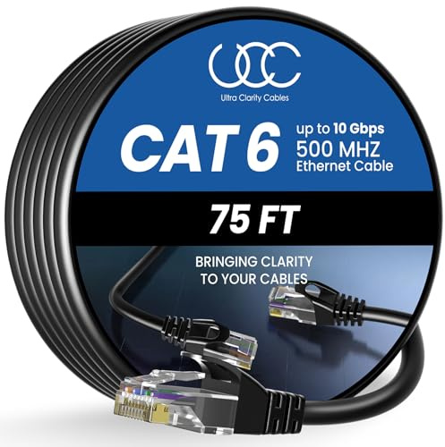 Ultra Clarity Cables Ethernet Cable Cat6 22M/75ft High-Speed 10Gbps LAN Cable with Gold Plated RJ45 Connector for Router, Modem, PC, Switches, Hub, Laptop, Black, 1 Pack