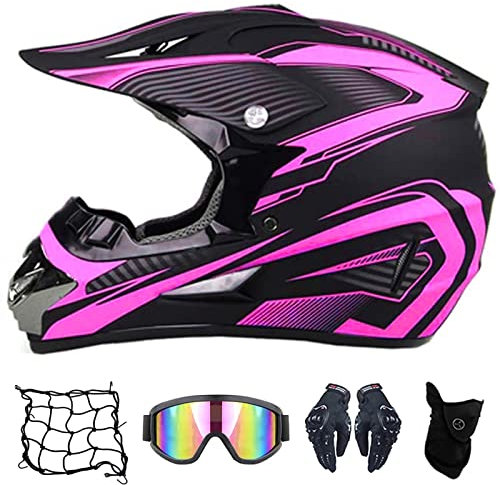 MRDEAR Motocross Helm Kinder mit Brille Handschuhe Maske Motorrad Netz (Violett und Schwarz, DOT) Adult Motorradhelm Off Road Crosshelm Fullface Helm für Damen Herren, L