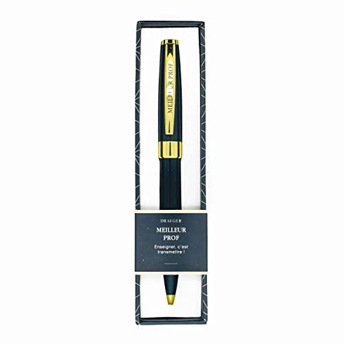 DRAEGER PARIS 1886 - Stylo Bille Bleu Nuit et Or avec Texte Personnalisé - Encre Noire Rétractable - Prise en Main Confortable - Idéal pour Professeurs - Livré en Écrin Design et Élégant