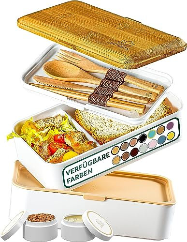 Umami Bento Box Adult All-in-1 w/ 4 Utensils, 100% Leakproof, Dishwasher & Microwave Safe Lunch Containers for Adults w/ 4 Compartments, White & Brown, 1200 ml