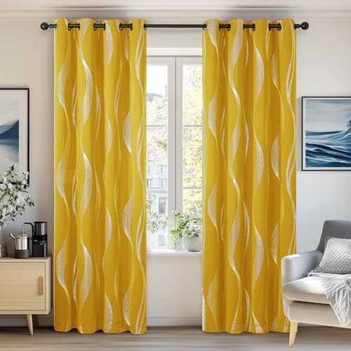 Deconovo Room Darkening Window Treatment Blackout Curtains Eyelet Silver Wave Line Foil Printed Curtains for Bedroom 52x84 Mellow Yellow