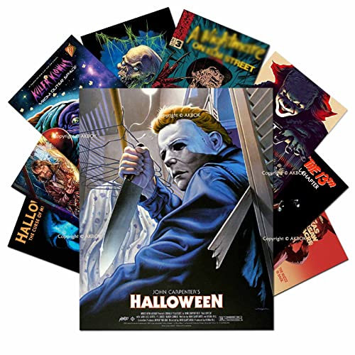 AKBOK Vintage Horror Movie Posters Set - Classic Scary Movie Art Prints Horror Movie Character Wall Art Posters for Home Living Room Bedroom Man Cave Theater Decor - 9Pcs 8”X 10” Unframed