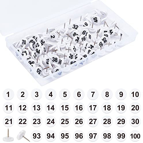 NBEADS 100pcs chinchetas a presión numeradas, número Mapa de chinchetas de Dibujo Base Blanca números Negros 1-100 chinchetas de Dibujo de plástico para mapas fotografías exhibición de Carteles