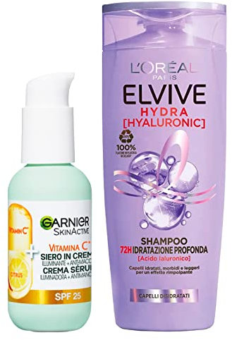 L'Oréal Paris Elvive Hydra Hyaluronic Shampoo Capelli Idratazione Profonda con Acido Ialuronico da 300ml + Skinactive Vitamin C Siero Viso in Crema Illuminante e Anti Macchia con SPF25 da 50ml