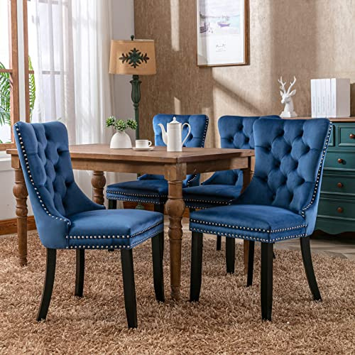 HomeTouch Luxury Velvet Dining Chairs Set of 4 Upholstered Knocker Wing Back Kitchen Chairs with Oak Wood Legs for Dining Room Bedroom Office, Hand Made (4, Blue)