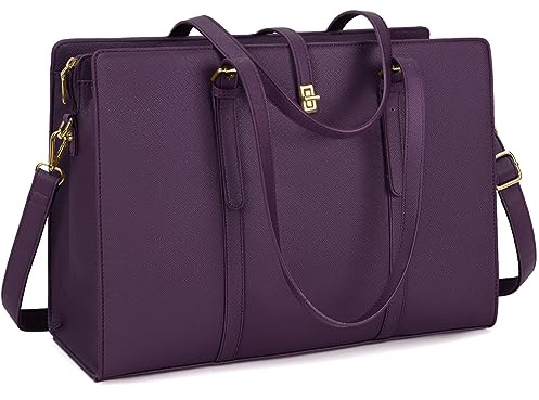 IGOLUMON Sac Cabas Grande Capacité Ordinateur Femme 15.6 Pouces Imperméable PU Cuir avec Bandoulière pour Cours Lycée Affaires Travail Violet Foncé