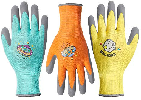 COOLJOB Lot de 3 paires de gants de travail pour enfants de 3 à 5 ans, revêtement en latex antidérapant, gants de jardinage pour enfants (3 paires S)