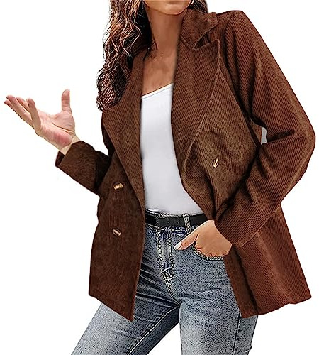 L9WEI Blazer para Mujer Elegante de Pana Monocolor - Chaqueta Retro de Oficina Con Solapa y Botones - Cálida para Otoño - Marrón, XL