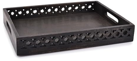 Samhita Servierplatten, Mangoholz, rechteckige Servierplatten, Holzteller, Tee-/Getränkeplatte, Abendessen-Serviertablett, Snack-Tablett (schwarz) (35,56 x 27,94 x 5,08 cm)