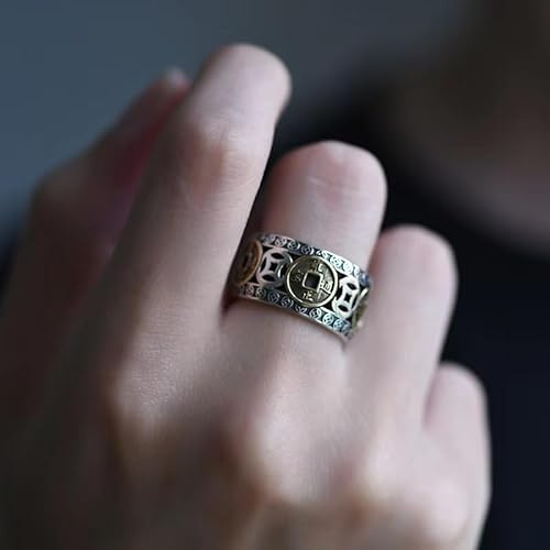 Metmejiao Richluck Max Force Five Emperors Coins Ring, Five Emperor Coin Auspicious Ring, Adjustable Ring Five Emperor Coin Open, Chinese Feng Shui Ring for Men Women （Gold）