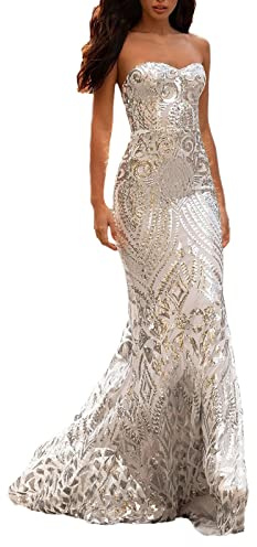 AMDOLE Vestido para una boda, vestidos de mujer, lentejuelas irregulares, sin mangas, vestido largo con flecos, vestidos de noche para mujer, plata, M