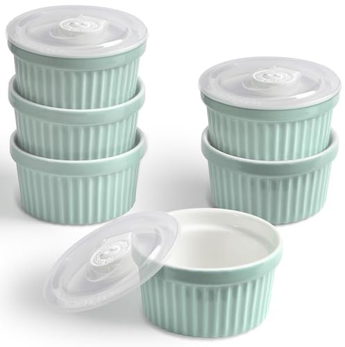 homEdge Porcelain Ramekins Set with Lid, 240 ml / 8 Fl Ounces Ice Cream Bowl, Creme Brûlée Ramekins Soufflé Cup for Baking, Set of 6 Mint Green