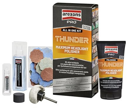 Arexons Car Care Pro THUNDER - Kit Ultra Lucidante Rinnova Fanali, Ripristina la Trasparenza dei Fari, Pasta alle Nano Ceramiche, Lubrificante, Liquido Lucidante e Carte Abrasive