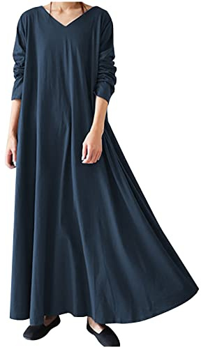 Abiti a maniche lunghe da donna casual larghi maxi abiti da donna tinta unita con scollo a V camicia da notte autunno inverno taglie forti comodo abbigliamento da casa abiti lunghi, 02-blu navy, 5XL