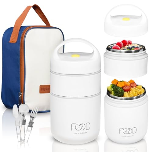 MYKOUR Boîte Repas Isotherme 680ml en Acier Inoxydable - Thermos Alimentaire 2 Compartiments pour Repas Chaud 12h/Froid 24h - Boîte Thermos pour Repas Chaud avec Sac, Couverts et Poche de Rangement