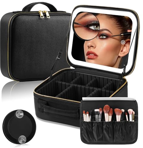 Travel Makeup Bag with LED Mirror, Waterproof Makeup Box with 10X Magnifying Mirror, Black Travel Makeup Organizer