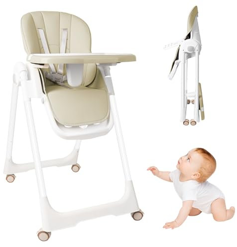 UISEBRT Kinderhochstuhl Klappbar, Höhenverstellbarer Baby Essstuhl mit Liegefunktion, Verstellbarem Doppeltablett und 5-Punkt-Gurt, Tragbarer Hochstuhl für Zuhause und Unterwegs, Beige