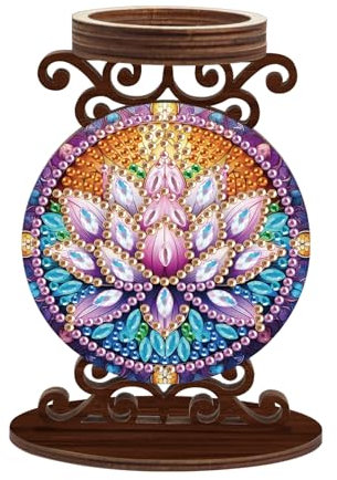 SHEGZHUC Diamond Painting Kerzenständer Holz 10x13.5cm Diamant Malerei Kerzenhalter Stumpenkerzen Stabkerzenhalter Tischdeko Geschenk Deko Wohnzimmer Schlafzimmer Badezimmer || Lotusblume Lotusblüte