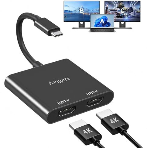 Avigers HDMI Splitter 1 in 2 Out, USB C zu HDMI Splitter 2 Monitore Gleichzeitig, Hdmi Switch mit 2 HDmi Port für Laptops und Tablets etc (Einzel Ausnutzen 4K@60Hz und Duales Ausnutzen 4K@30Hz)