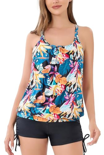 IHCEMIH Swimming Costume Women Tankinis Sets Push up Tummy Control High Waisted Swimwear Swimsuits Bathing Suit Beach Wear Women's Two Pieces Printed Floral Blouson Tankini with Shorts for Ladies XXL