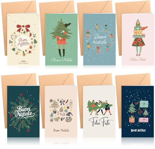 Kesote Biglietti Auguri Natale, 16 Pezzi Biglietti Natale con Busta 8 disegni Cartoline Natalizie Buste Regalo
