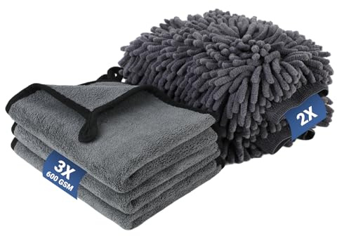 IMALPQPP Kit Pulizia Auto con 2 Guanti Lavaggio e 3 Panni in Microfibra – Panno Microfibra Auto 600 GSM Extra Morbido per Asciugatura Senza Graffi, 40×30 cm