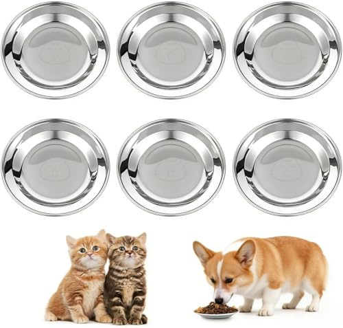 OSDUE Cuencos Planos para Gatos, 6 Piezas Comederos de Acero Inoxidable, 14cm Espesamiento Cuenco para Gato, Fácil de Limpiar y Resistente a Caídas Plato para Alimentación para Perros Pequeños Gatos