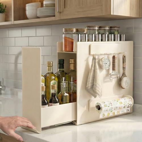 2-Tier Countertop Pull Out Spice Rack with Sliding Drawer, Cream