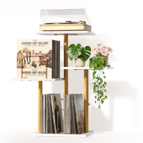 Bikoney Mueble Platine Vinyle avec Support LP pour Petits Espaces - Doré | Support de Disques Compact en Bois pour Salon et Chambre, Organisateur de Vinyles Idéal pour Appartement et Petit Espace