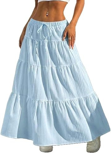 GRMLRPT Jupe Longue Femme Ete Tailles Elastique Vacances Plage Bohême Haute A-Ligne Plissée Maxi Décontractée Élégante(Bleu,L)