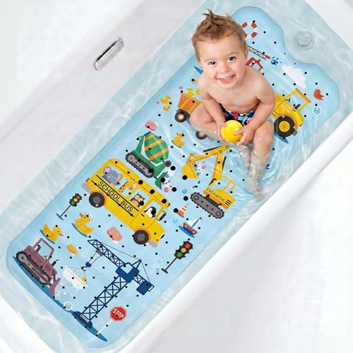 UNEEDE Baby Bathtub Mat Non Slip, 40x16'' Excavator Design Bath Mat for Tub